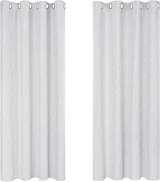 Deconovo White Curtains, Super Soft Dotted Line Foil Printed Thermal Insulated Window Treatment, Eyelet Blackout Curtains for Living Room, 46 x 54 Inch(Width x Drop), Greyish White, 2 Panels