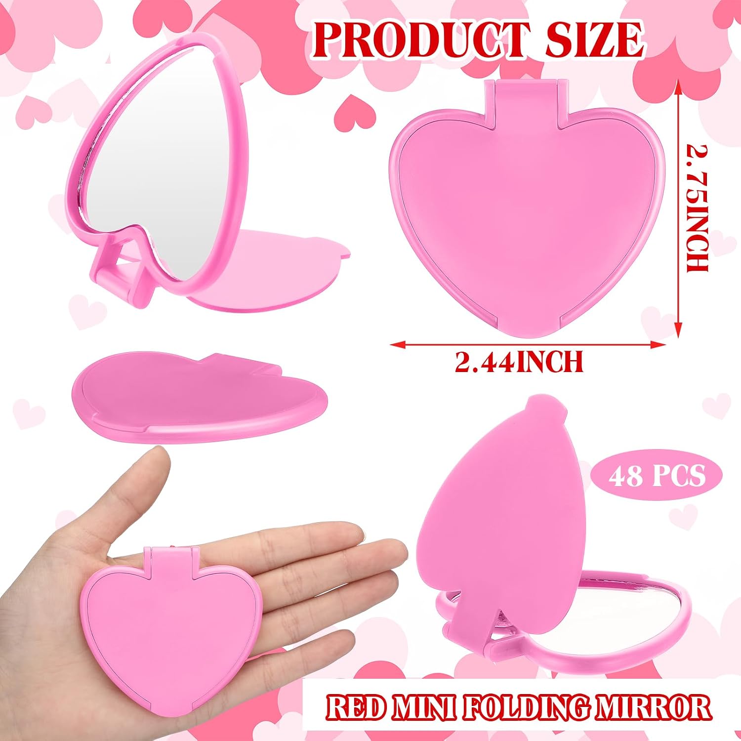 Geetery 48 Pcs Compact Mirror Bulk Women's History Month Gifts Party Favors Heart Shaped Mini Pocket Folding Portable Travel Makeup Purse Mirror for Friend Bestie Party Favor(Light Pink)