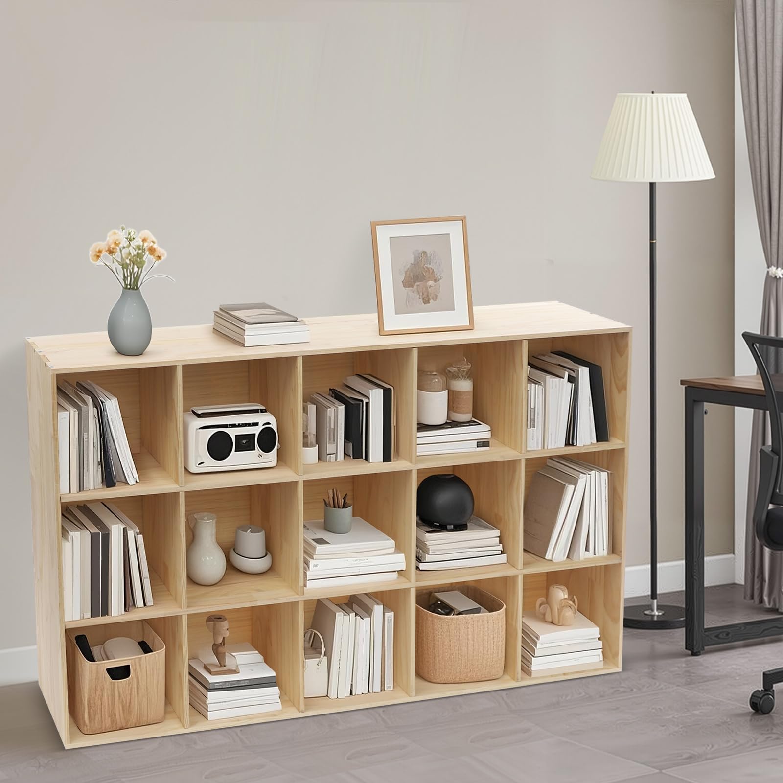 Regał stojący z 15 półkami, 3-poziomowy regał kostkowy z litego drewna (150 cm)