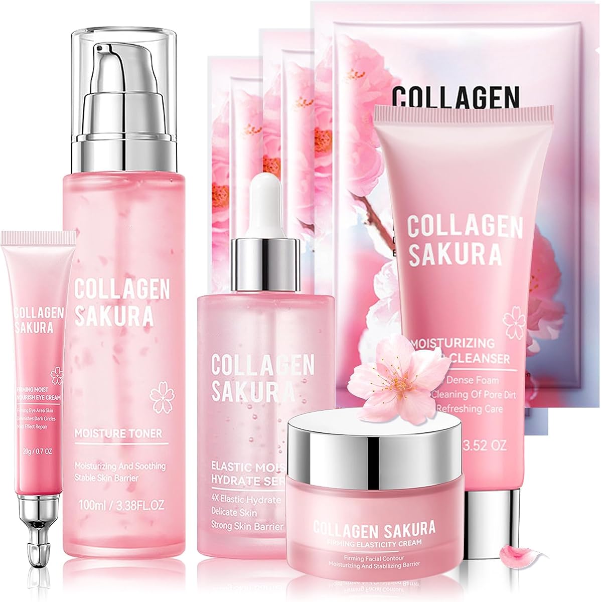 Juego de cuidado de la piel, kit de cuidado de la piel de viaje, juego de colágeno Sakura con máscara, crema para ojos, limpiador, suero, crema facial, tónico para juegos de regalo para niñas adolescentes, juegos de cuidado de la piel facial para mujeres, esposas, adolescentes y niñas