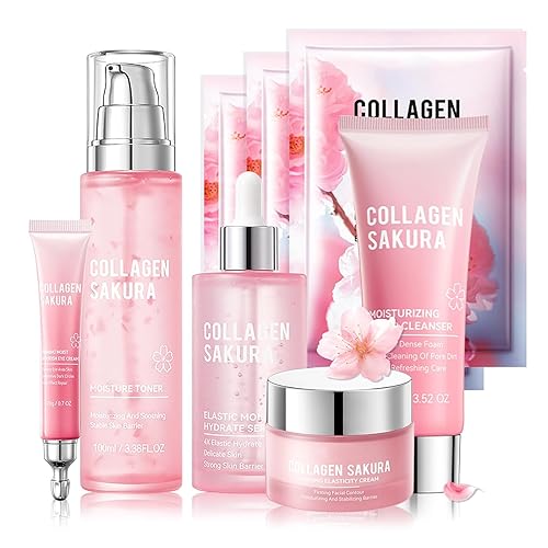 Set de cuidado de la piel - Kit de cuidado de la piel de viaje, juego de colágeno Sakura con máscara, crema de ojos, limpiador, suero, crema facial,