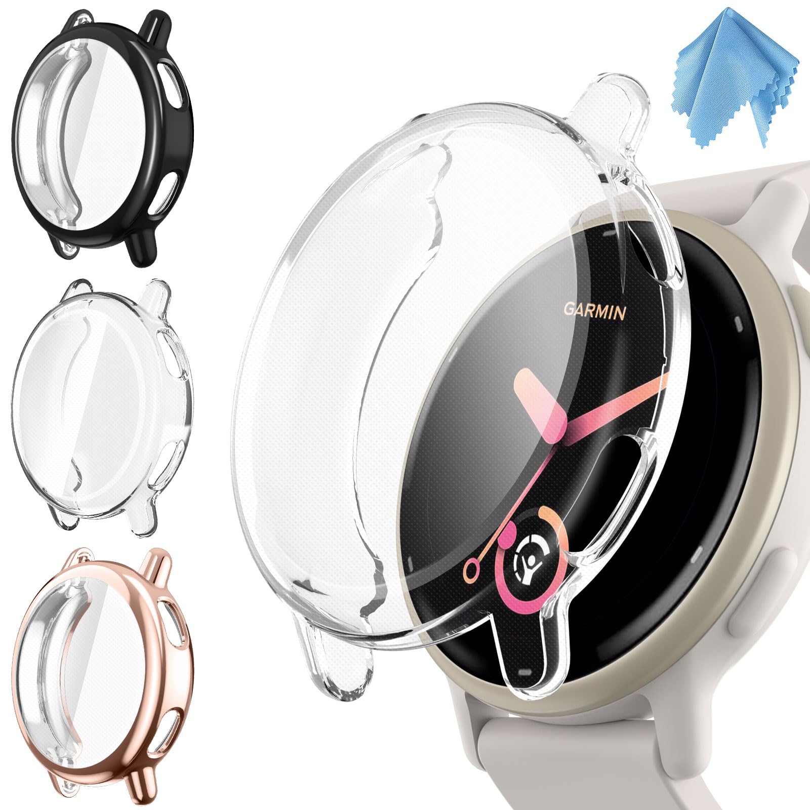 Fintie 3 Packs Screen Protector Case Compatible with Garmin Vivoactive 5, Soft TPU Plated Bumper Full Cover Protective Cases Scratch-Proof, Black/Rose Gold/Clear-image-7