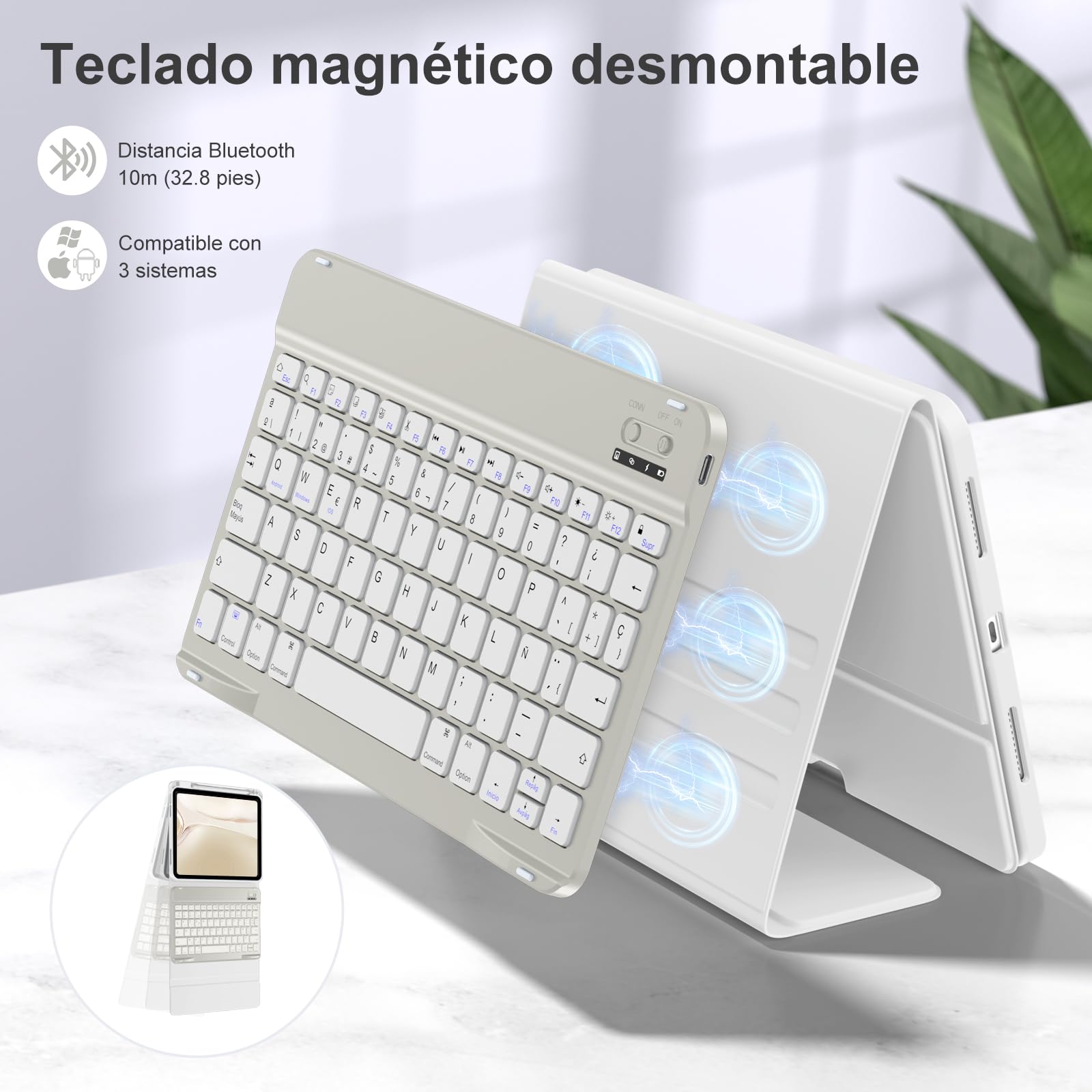 drivego Funda con Teclado for iPad A16 11ª Generación 2025/10.ª Gen 2022 (11/10,9 Pulgadas), QWERTY Español Ñ, Teclas Anticaídas, Teclado Bluetooth Magnético Desmontable con portalápices, Gris Claro