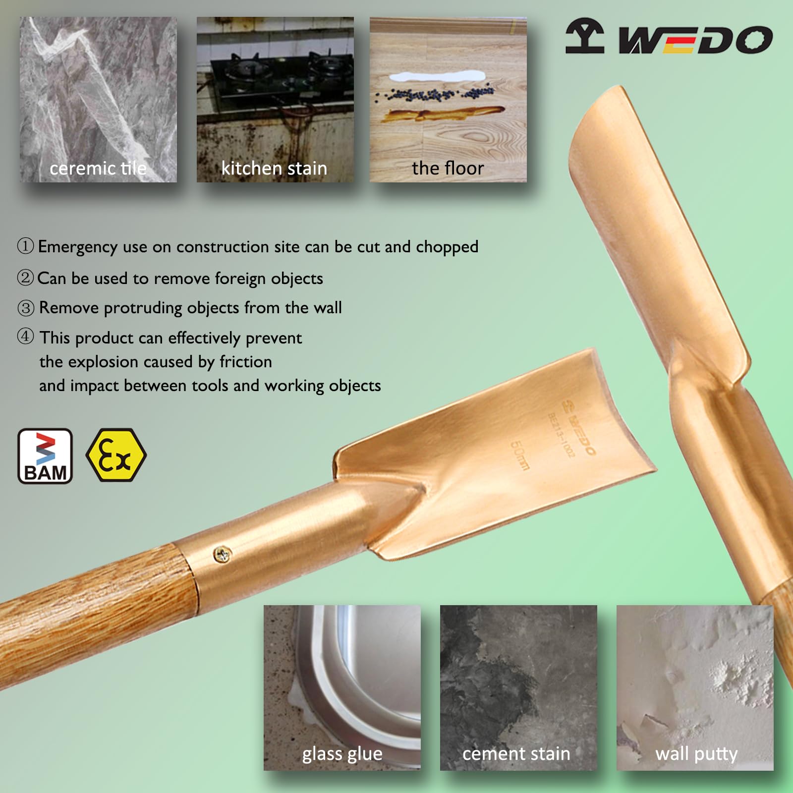 WEDO Narzędzie do skrobania nieiskrzącego, skrobak podłogowy ostrze w kształcie łuku 50 x 120 mm, długość 690 mm, miedź berylowa, niemagnetyczny skrobak do farb, certyfikat BAM/FM, szeroko stosowany w