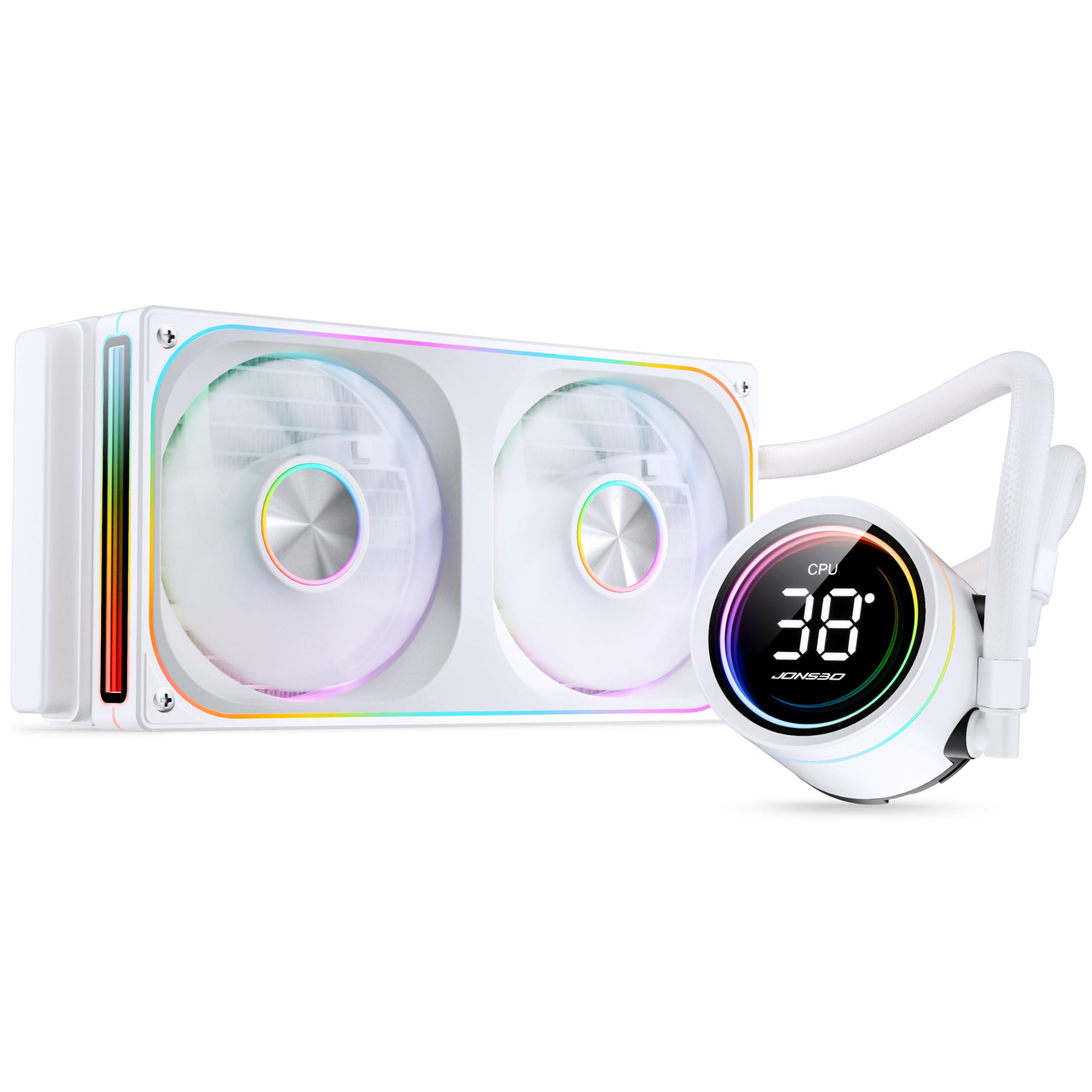 Jonsbo TH-240 AiO - Refroidisseur d'eau - Blanc - 240 mm - Refroidisseur d'eau pour processeur avec ARGB, affichage de la température LED et ventilateur à cadre unique