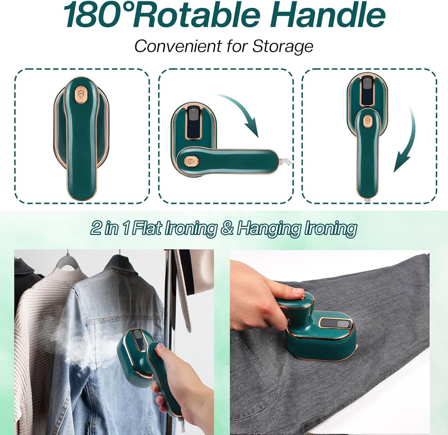 Handheld Garment Steamer, Portable Clothes Iron with Steam, Green Handheld Garment Steamer, Portable Clothes Iron with Steam, Green