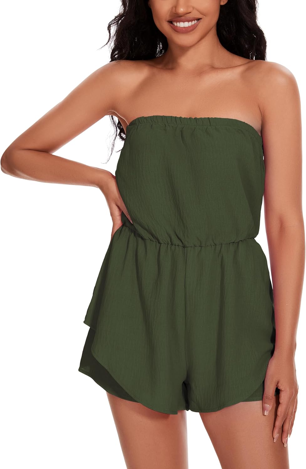 Women Rompers for Summer Dressy Strapless Romper Ruffle Shorts Jumpsuit Trendy Vacation Beach Outfits 2025 - Image 4