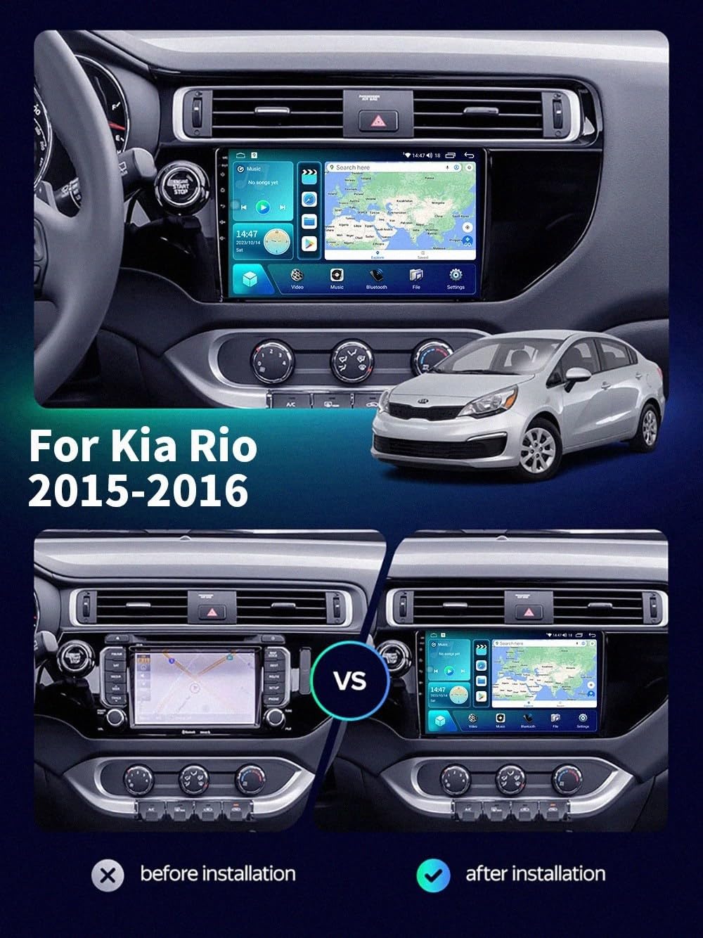 Radio Macchina Touch Screen per Kia Rio 2015-2016 Wireless Carplay Android Auto Stereo Auto Bluetooth Ips con Pantalla Táctil con Gps, 4 Nucleo 1G+32G