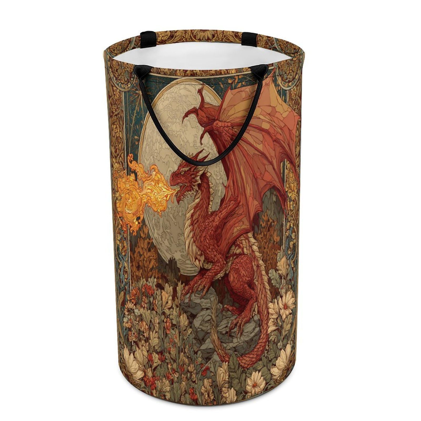 LUYYSKY Vintage Abstract Fantasy Dragon Versatile Storage Laundry Basket, Mid Century Realistic Full Moon Plant Floral Mythical Animal Dragon Large Bathroom Hamper With Handle-40 CM Dia, 69 CM High