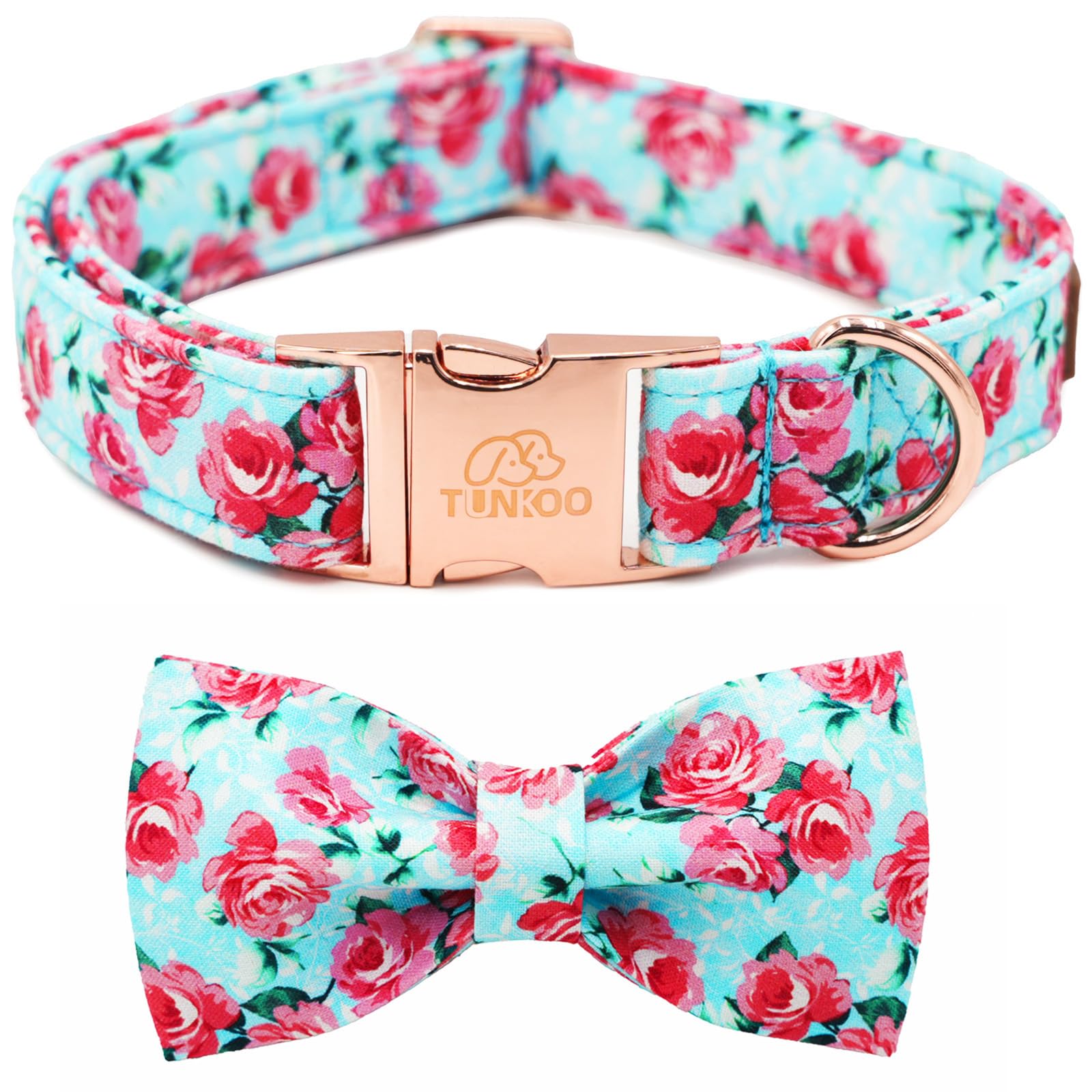 Tunkoo Dog Collar with Bowtie Cute Rose Flower Pattern, Durable Metal Buckle Adjustable Dog Collar Suitable for Small, Medium, Large Girls Dogs, S