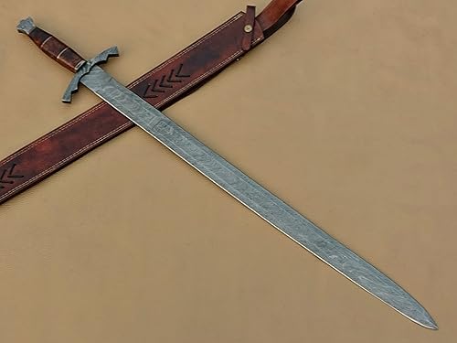 Espada vikinga de acero de Damasco hecha a manoespada medieval con funda de cuero.