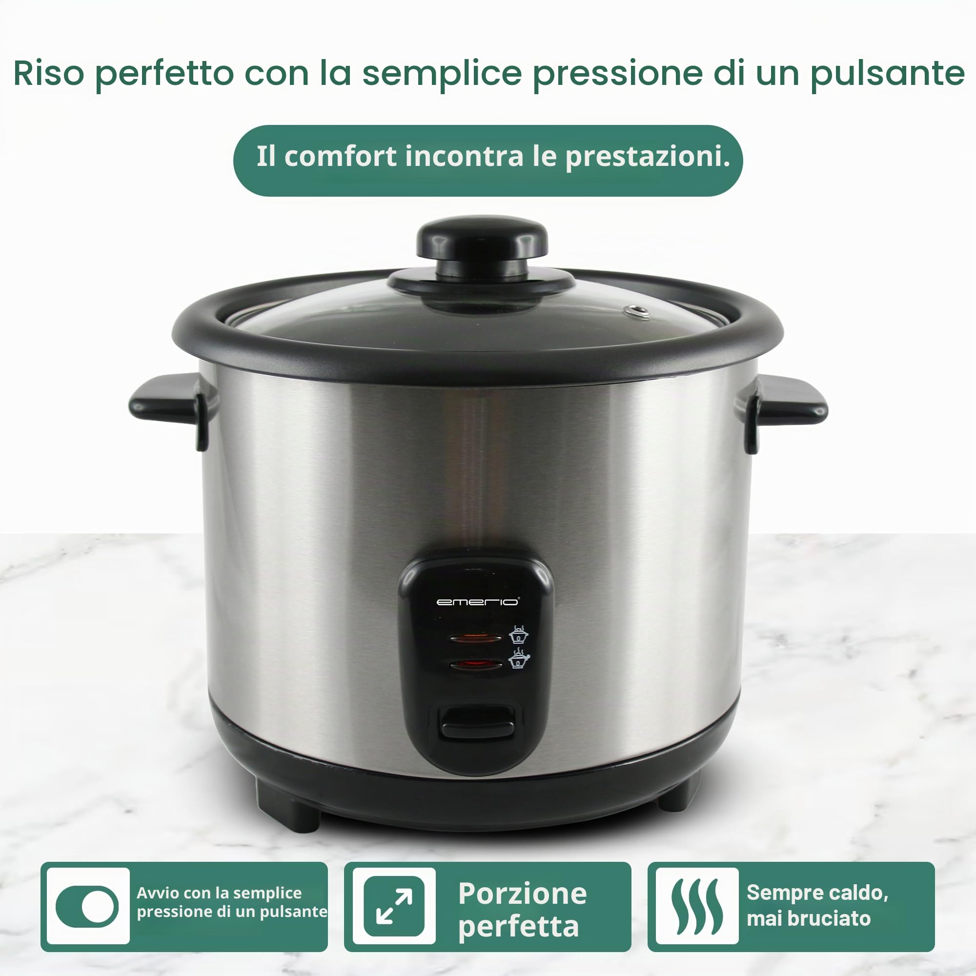 EMERIO Cuociriso automatico Eco | volume 1,5 l | funzione di mantenimento del calore | spegnimento automatico | rivestimento antiaderente | coperchio in vetro | con cucchiaio di riso + misurino |