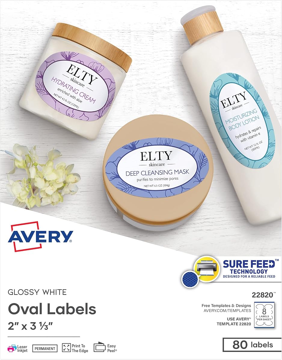 Printable Oval Labels, 2" x 3-1/3", Glossy White, Laser & Inkjet Compatible, 80 Blank Labels Total, Great for Mailing, Branding, Packaging, and More (22820)