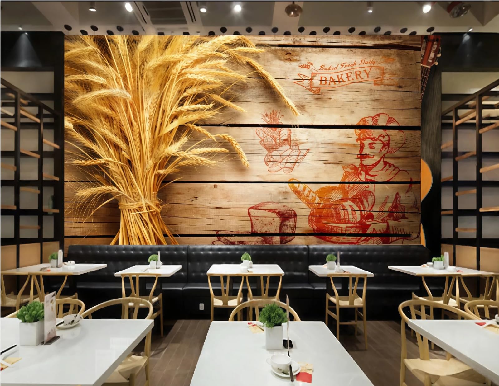 rskjdghshd Wallpaper Retro Wooden Board Creative Hand-Painted Bread Dessert Shop Afternoon Tea Burger Shop Bar Background Wall Western Restaurant Wallpaper Cafe Mural,3D,300x210cm