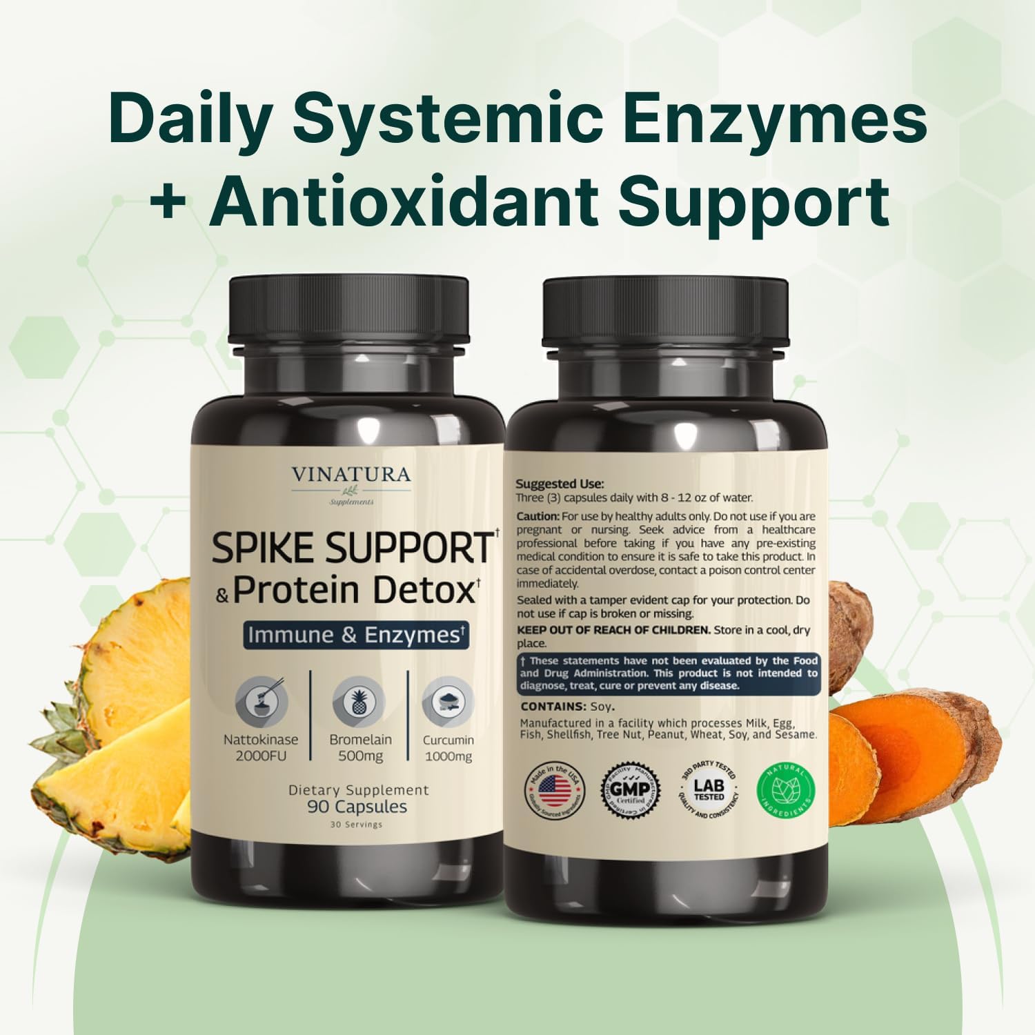 VINATURA Spike Protein Detox - Curcumin 1000 mg, Bromelain 500 mg, Nattokinase 2000 FU - Enzyme Complex for Detox & Protein Balance, Ultimate Spike Support Supplement - 90 Capsules