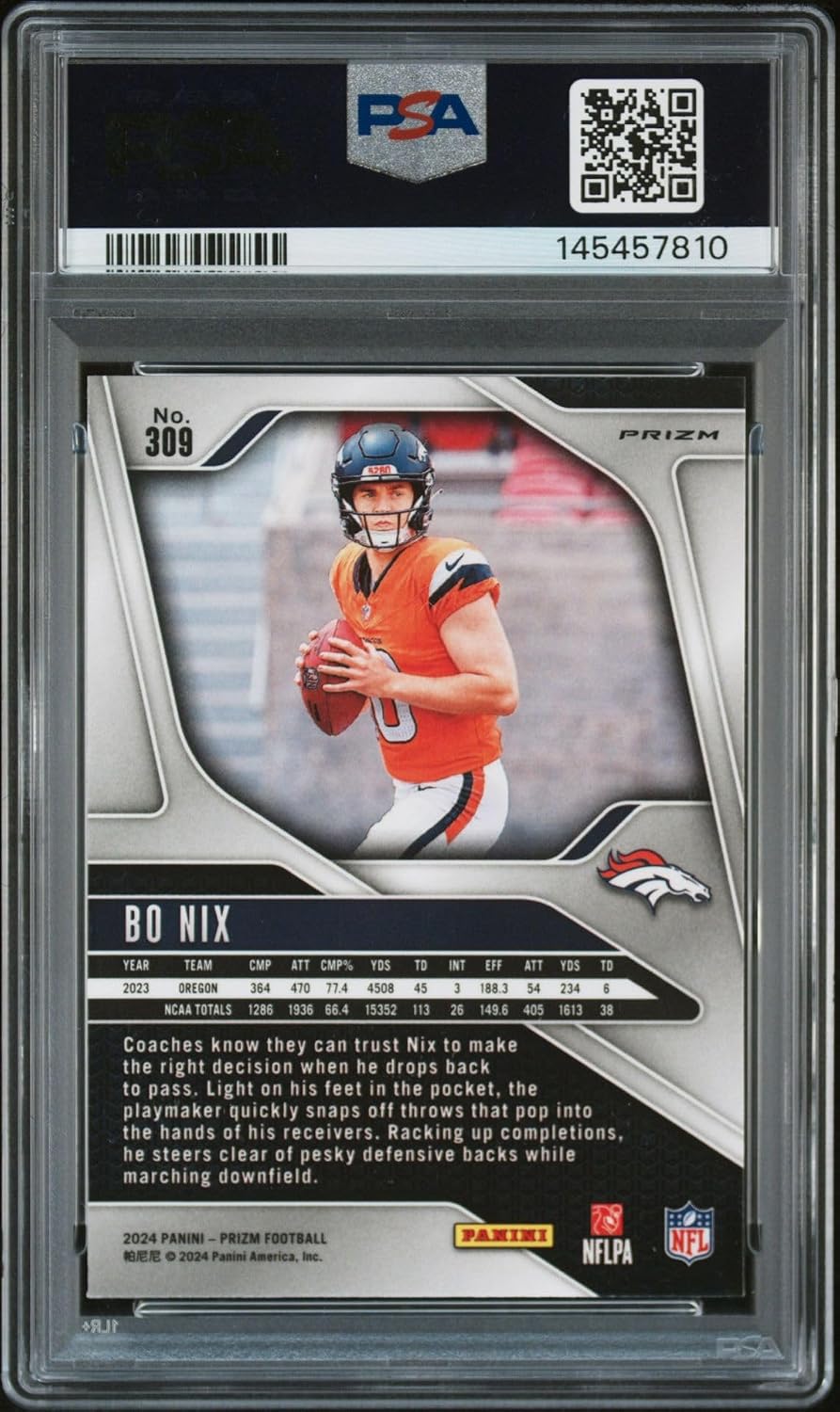 Bo Nix 2024 Panini Prizm Silver Signed Football Rookie Card #309 Graded PSA Authentic Auto Cert #145457810