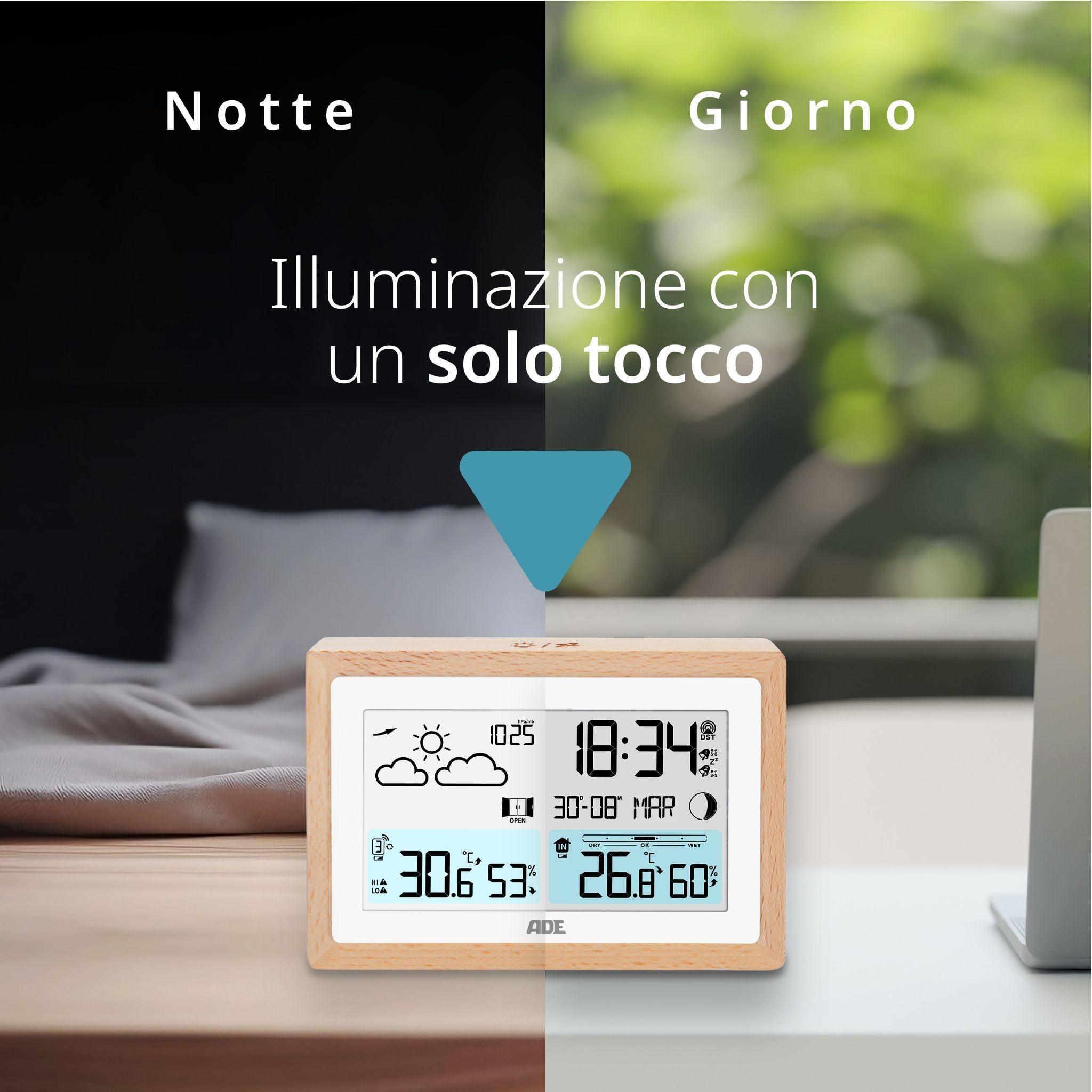 ADE Stazione meteorologica digitale con sensore esterno | temperatura interna/esterna | igrometro, barometro, previsioni tempo | raccomandazione di ventilazione | sveglia | alimentatore incl.
