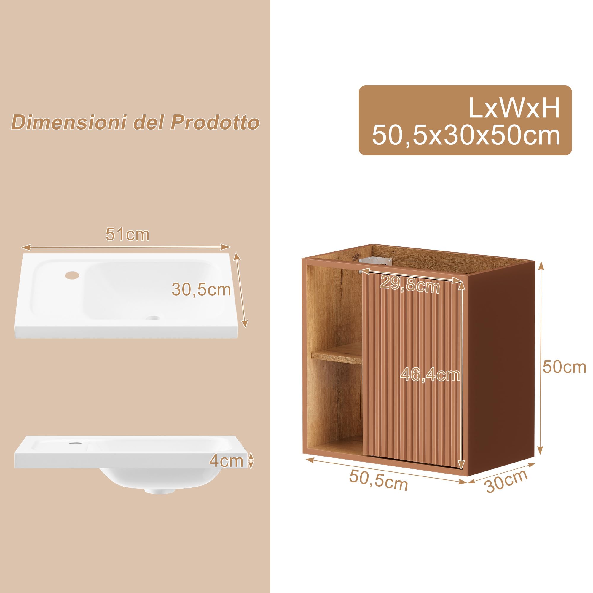UEV Mobile Bagno con Lavabo in Resina, Mobiletto Bagno Sospeso con Unico Design e Praticità, Motivo a Righe Verticali, 50,5 x 30 x 50 cm, Rosa