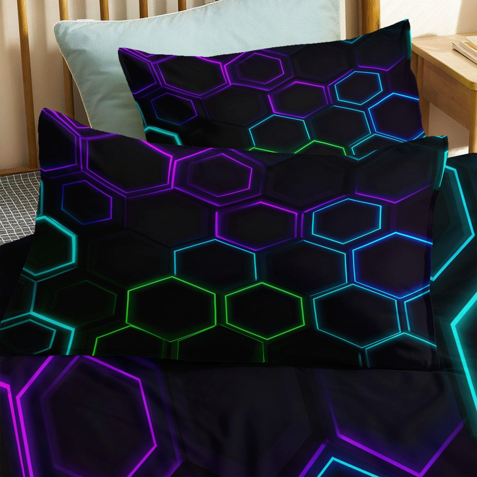 King zestaw pościeli, neonowa, sześciokątna, geometryczna, dwustronna poszewka na kołdrę 230 x 220 cm, ultrasoft, hipoalergiczna, nie wymaga prasowania, abstrakcyjny design, luksusowe zestawy pościeli