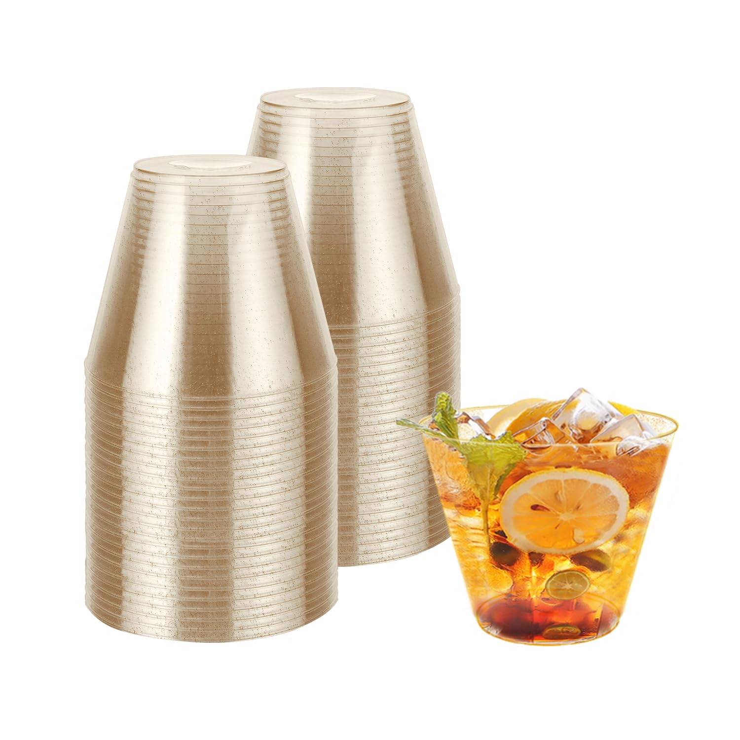 KINGSUSLAY 50PCS Premium Plastic Party Cups, Clear Hard Plastic Cups with Gold Glitter (265ml / 9oz) - Reusable Plastic Glasses, Tumblers, Gold Cups for Drinks, Cocktail, Dessert, Wedding, Parties.