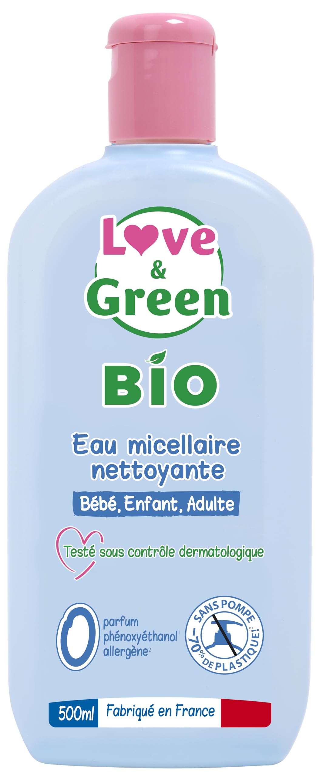 Love & Green - Eau Micellaire Nettoyante Bio 0% 500 ml - Fabriqué en France