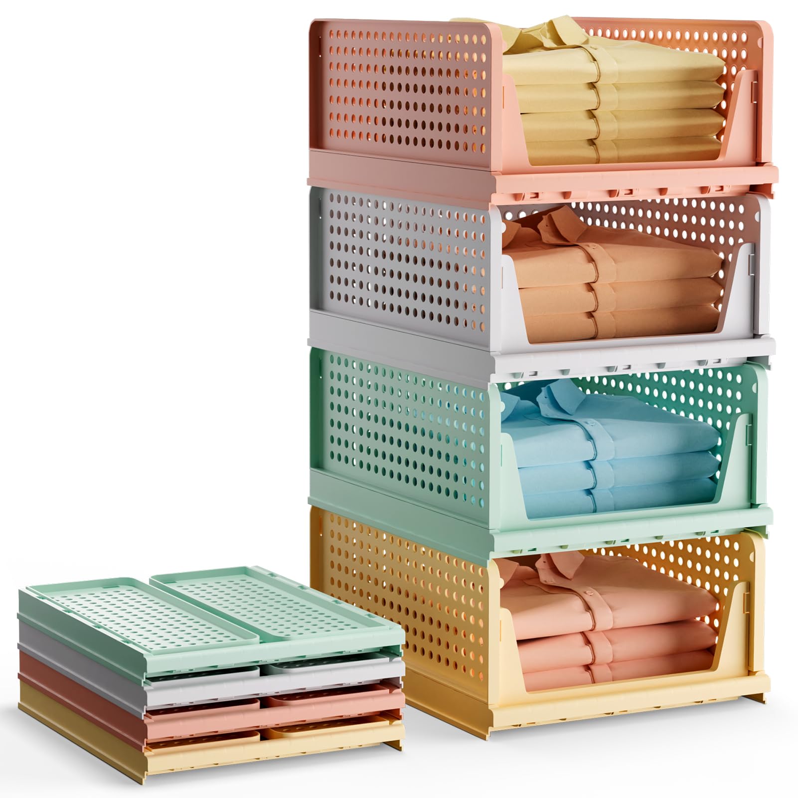BTGGG 4 Pack Mix-Color Wardrobe Storage Organiser, Stackable Storage Drawers for Wardrobe, Plastic Clothing Closet Organiser Foldable Boxes Baskets Shelves for Cabinet Pantry Laundry Organisation