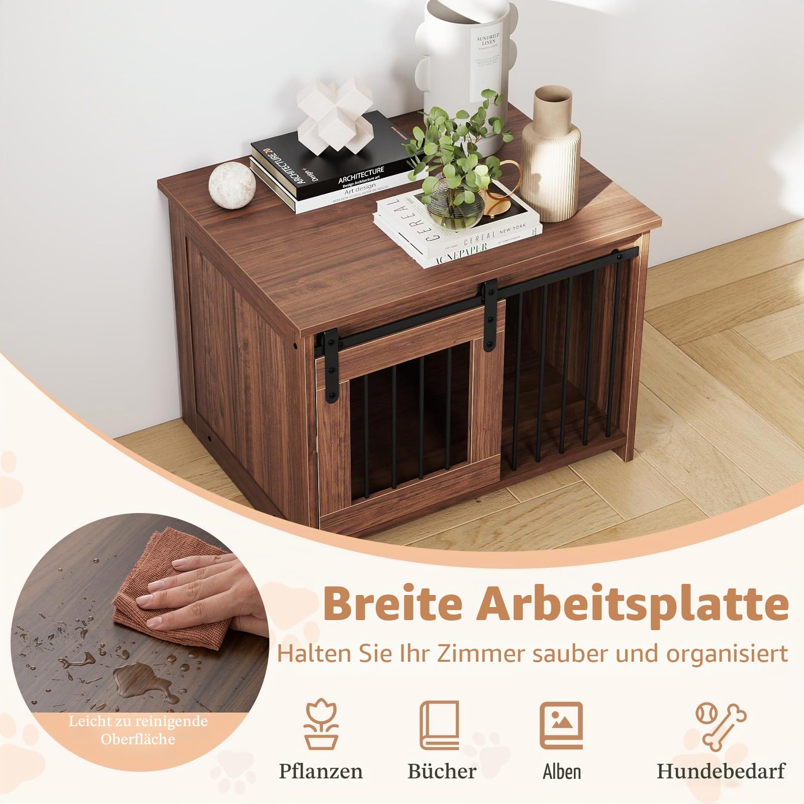FANTASK Hundekäfig-Möbel, Hundekiste aus Metall Holz mit Schiebetür, Hundebox Indoor für kleine & mittelgroße Hunde, 80 x 60 x 60 cm (Braun)