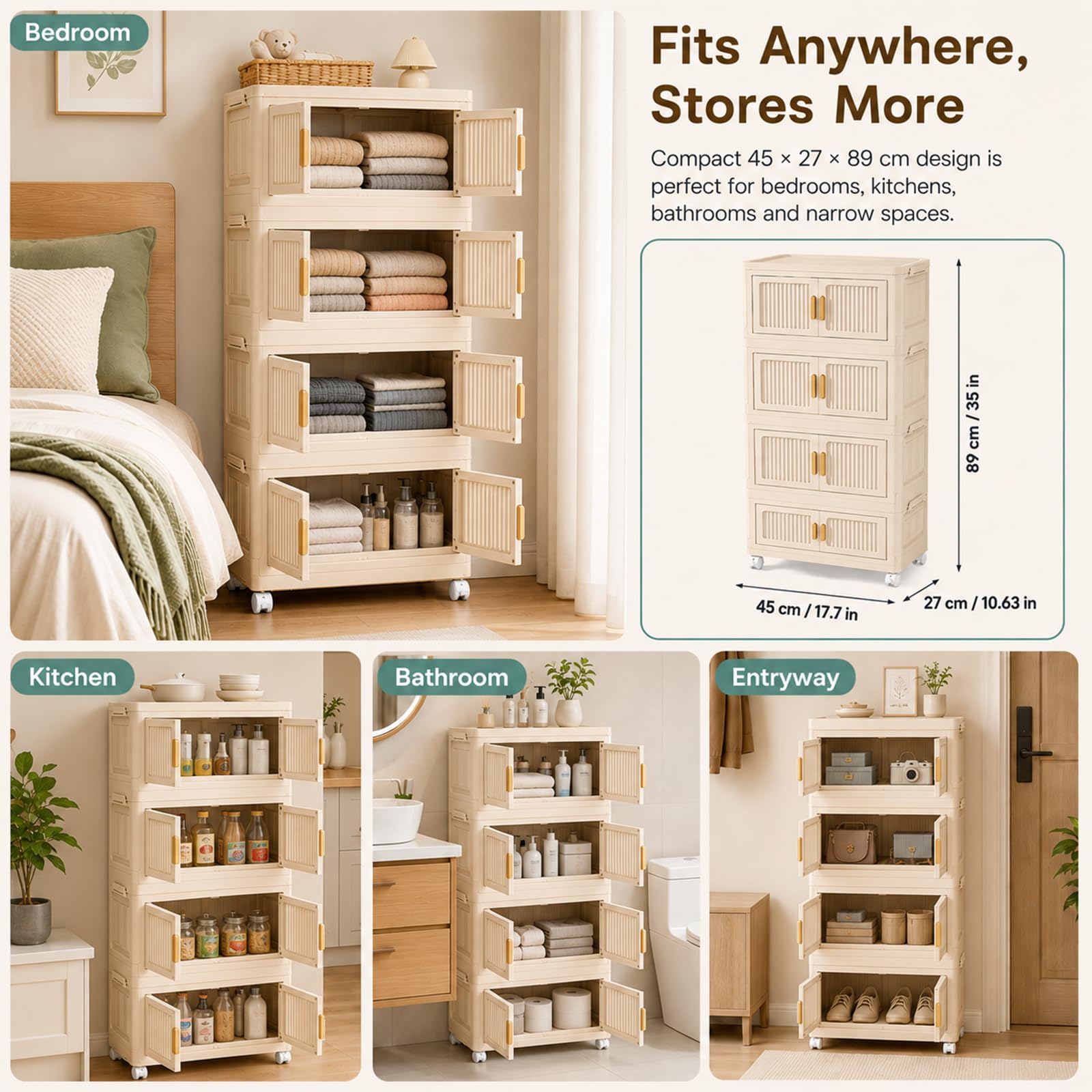 Caja de almacenamiento con tapa de 4 niveles, armario apilable con ruedas plegable, cajas de almacenamiento para dormitorio y cocina, organizador móvil de plástico crema, 45 x 27 x 89 cm