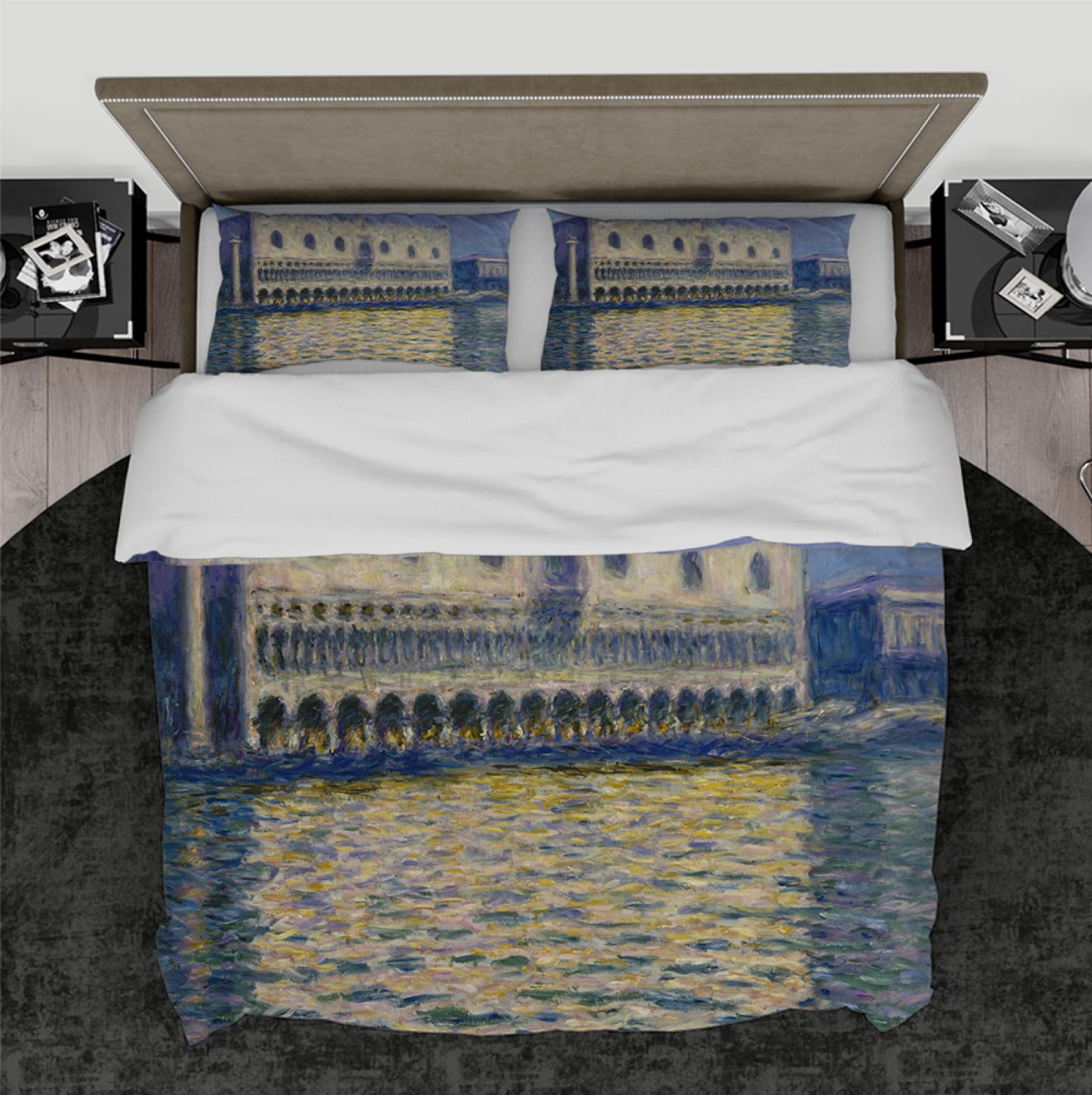 Zestaw pościeli w stylu retro, pałac, Claude Monet, malarstwo, sztuka, 3 sztuki, miękka poszewka na kołdrę z zamkiem błyskawicznym, 2 poszewki na poduszkę 230 x 220 cm