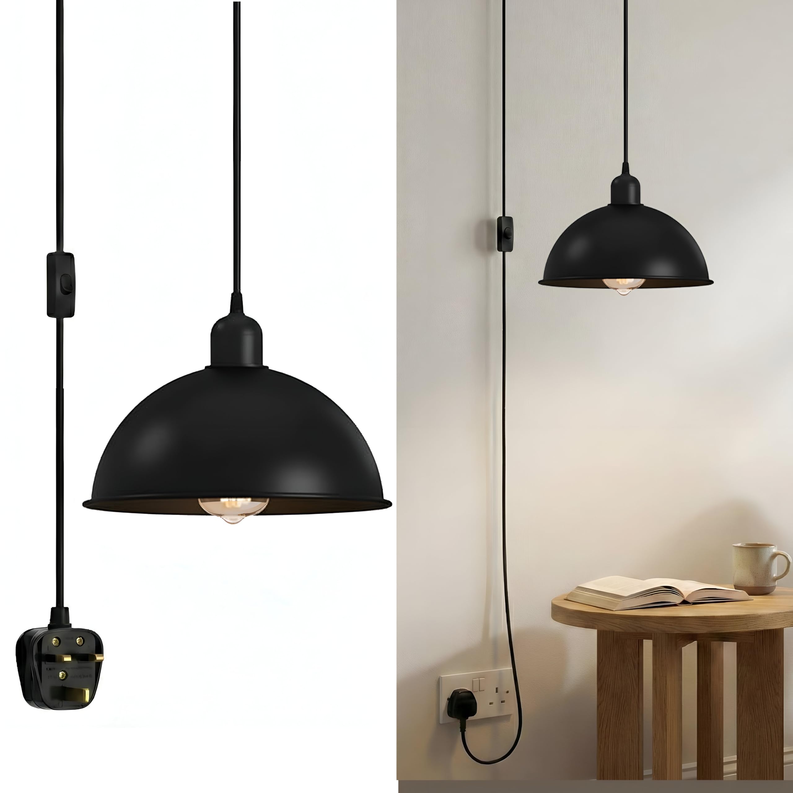 LEDSone Plug in Pendant Lighting, 4.5M Adjustable Vintage Plug in Ceiling Light, Metal Lampshade Hanging Lamp with Switch, E27 Black Pendant Light Fitting, E26 Bulb Holder for for Kitchen (Black)