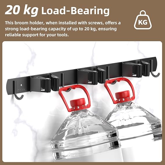 3 Position Wall Mounted Mop Holder, Stainless Steel Broom Hanger with Hooks