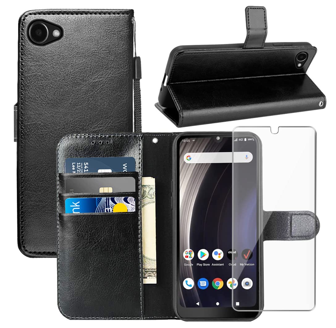 for Orbic Joy Case, for Orbic Joy 4G Wallet Case, with Screen Protector,PU Leather Wrist Strap Card Slots Shockproof Protective Flip Cover Phone Case for Orbic Joy 4G RC608L, Black