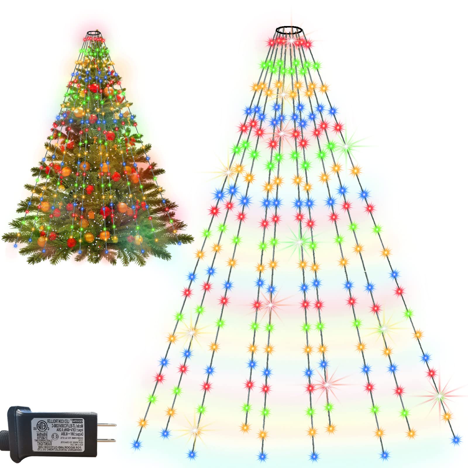 Christmas Tree Lights Outdoor Decoration, Xmas Tree String Lights with Ring 8 Modes, 200 LED 10 Strands Waterfall Twinkle Fairy Lights, Outdoor New Year Holiday Party Yard Decorations, Colorful