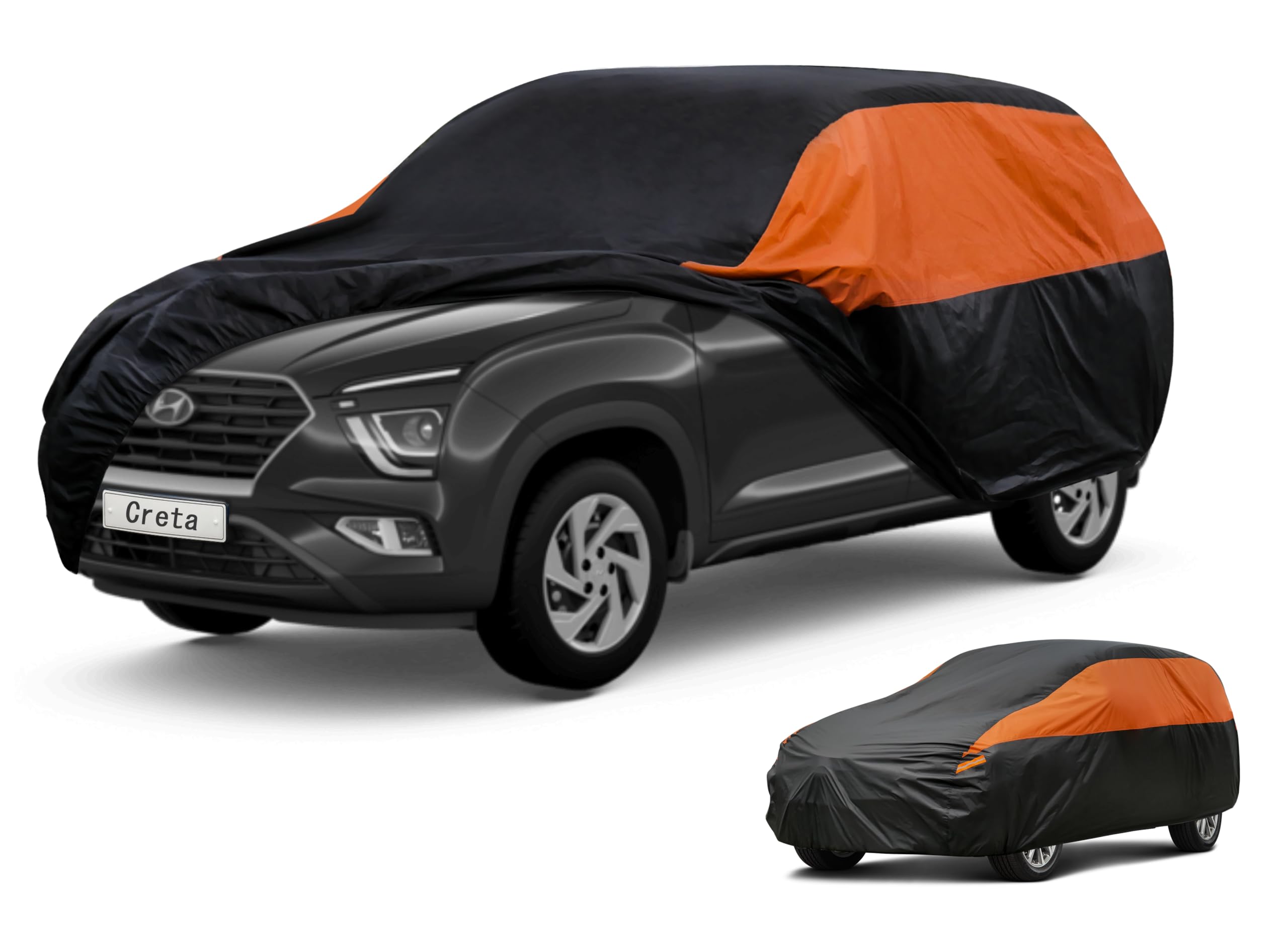 GUNHYI Waterproof Lightweight SUV Full Car Cover Custom Fit Hyundai Creta | All‑weather Outdoor sun/rain/dust/snow/wind/UV protection, breathable tear‑resistant fabric, black‑orange design,storage bag