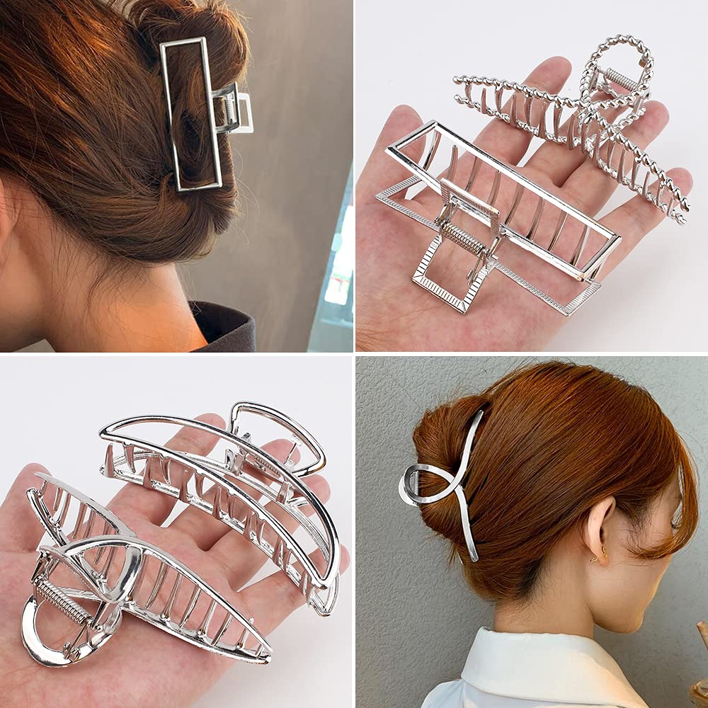 Pinzas de metal grandes para el pelo con dientes – Pinzas de agarre de mandíbula grande para cabello grueso, pinzas plateadas antideslizantes para mujer