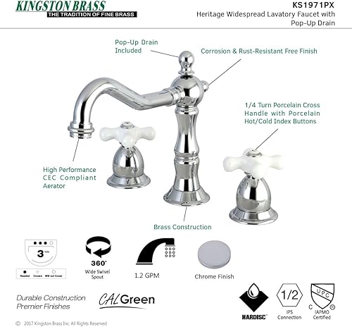 Miniatura 4 de Elements of Design Nuvo Elements of Design ES1971PX Baltimore - Grifo de lavabo de 2 manijas de 8 a 14 pulgadas con ventana emergente de latón, 7-12