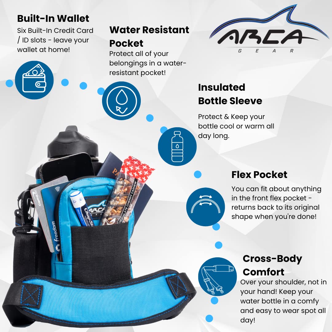 Arca Gear - Portabotellas y Soporte de Acero Inoxidable con Aislamiento de 81,3 ml, Incluye asa de Transporte, Correa para el Hombro, Cartera y Bolsillo Grande para Guardar artículos, 32 OZ, Negro