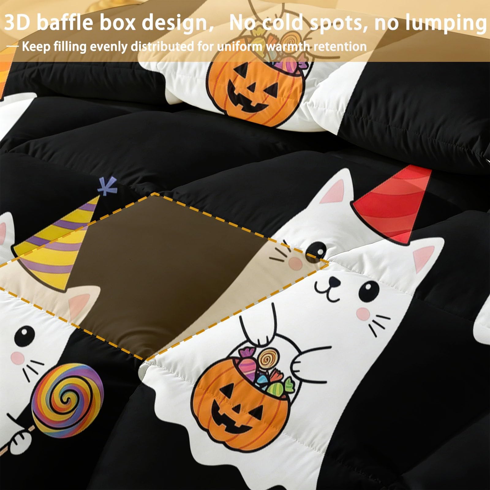 Kołdra na Halloween bez poszewki 135 x 200 cm, na 4 pory roku, nadaje się do prania, kremowa, lekka, przyjazna dla skóry, kota, kota, ducha, dynia, lampion, wiadro, miękka, ciepła kołdra całoroczna