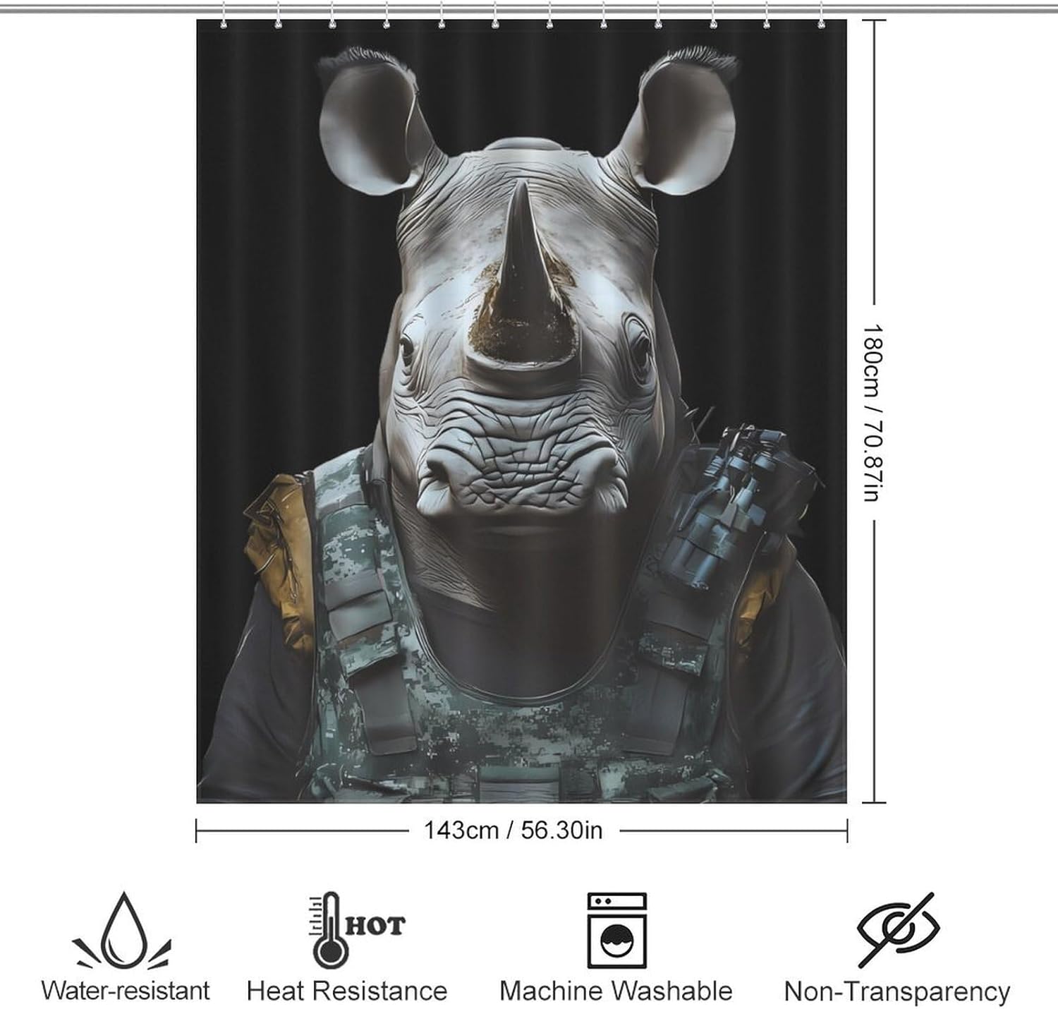 Rhinoceros Funny Shower Curtains Washable Bath Curtain Liner with Hooks for Bathroom Bath Tubs