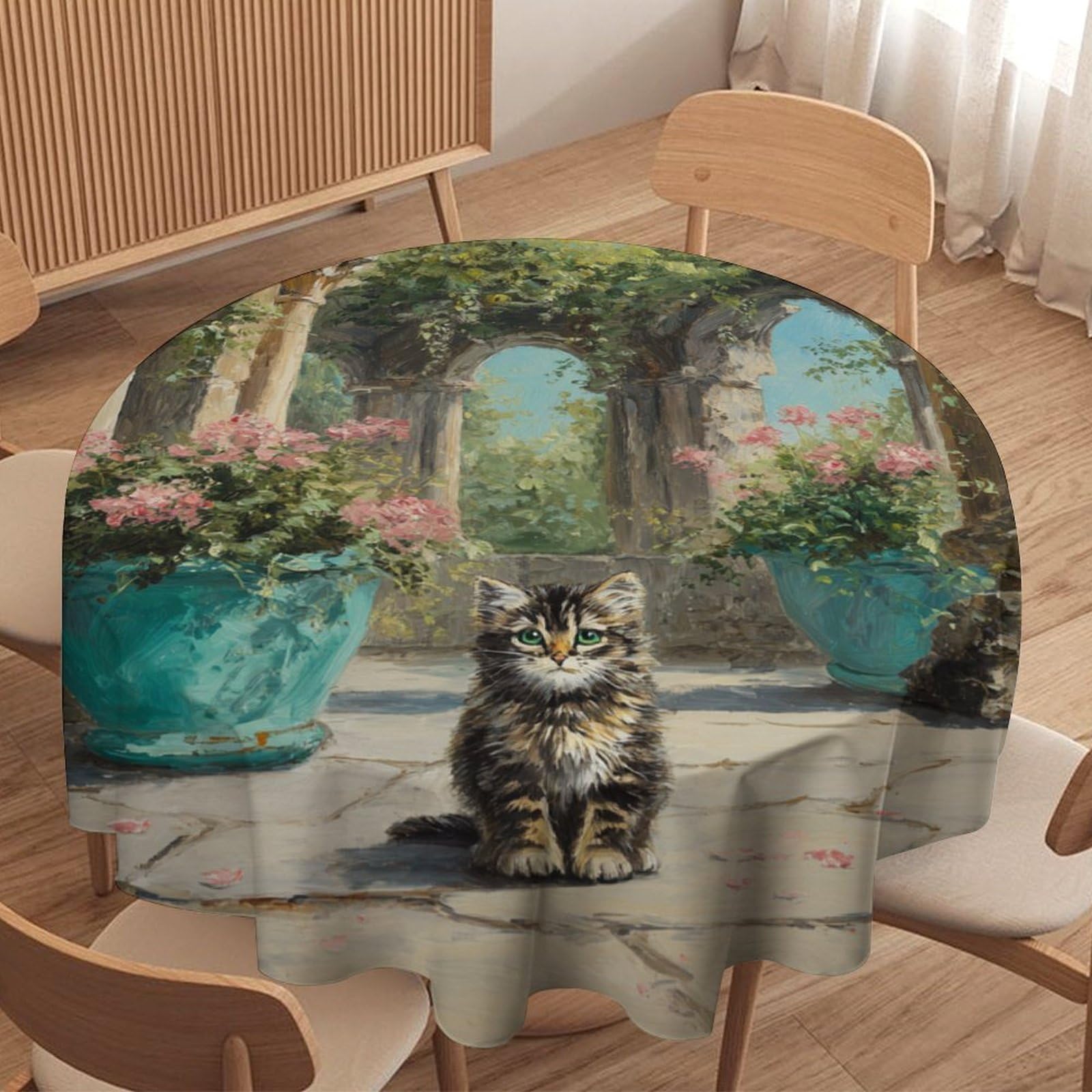 LUYYSKY Oil Painting Cute Kittens Round Tablecloth Modern Fantasy Spring Garden Castle Arch Botanical Flowers Animal Cat Washable Decor for Table Cover for Kitchen-177.8" Wx177.8 L cm