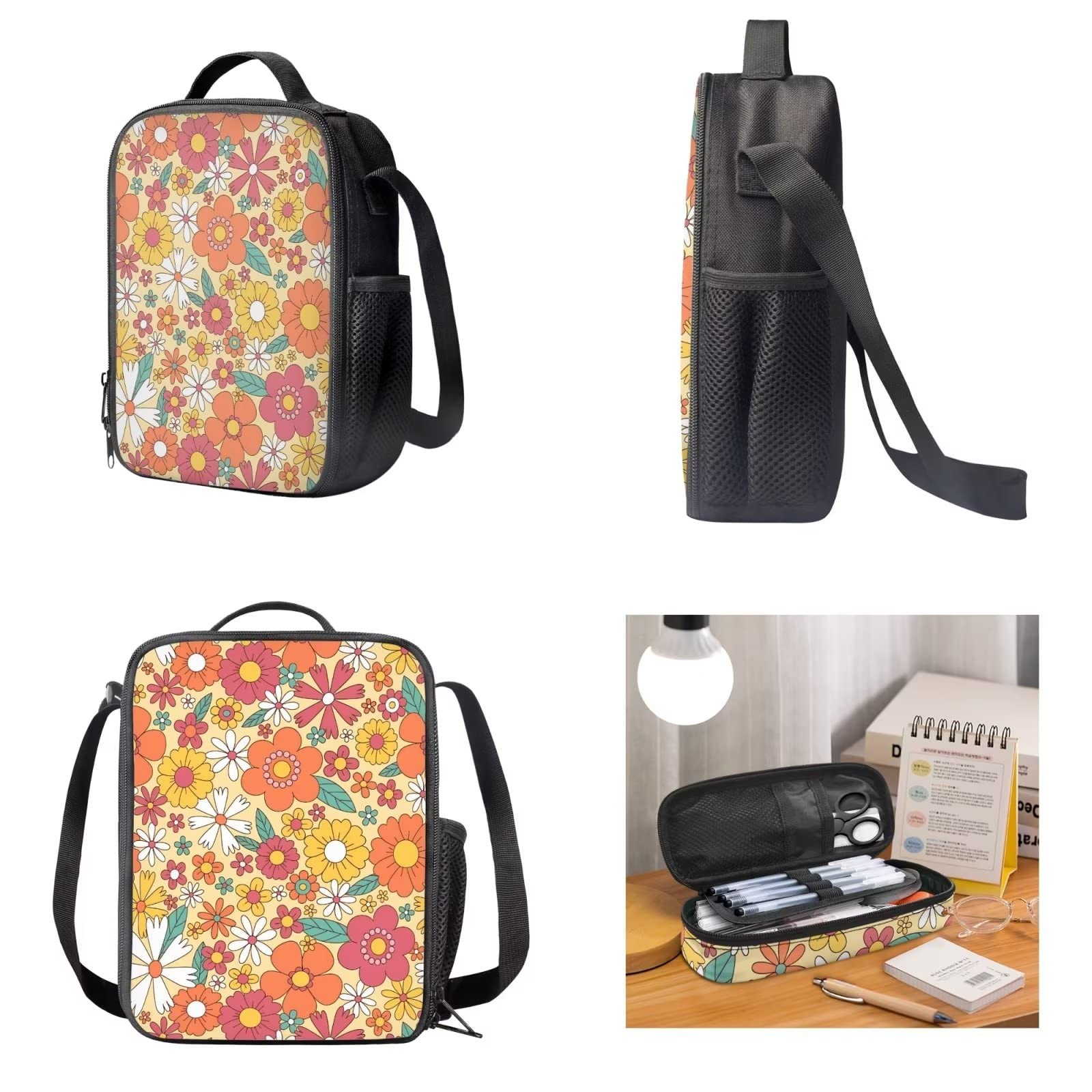 POLERO Mochila escolar de caballos para niños, juego de bolsas de almuerzo, estuche para lápices, 3 piezas, bolsas escolares, flores, Talla única, Mochila infantil