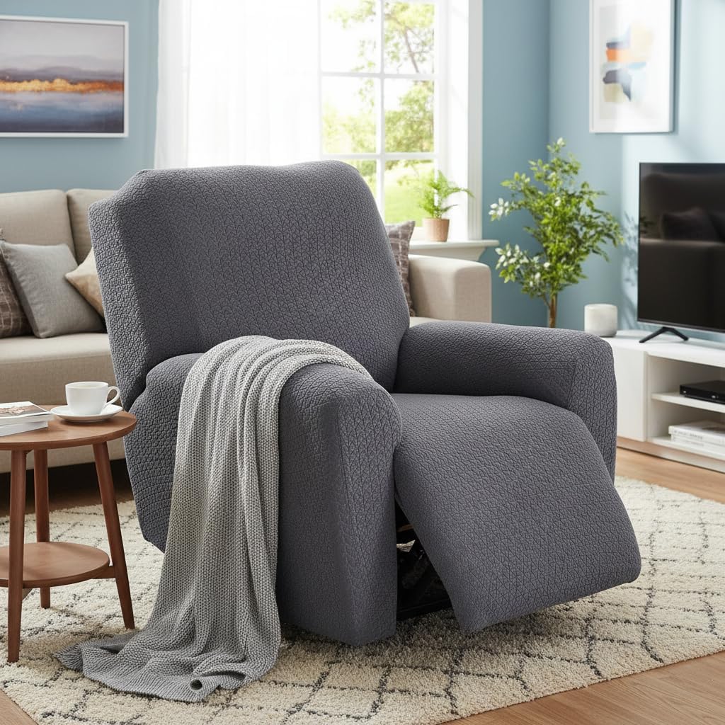 NILUOH Jacquard Recliner Cover 4-Piece Set - Elegant Stretch Slipcover for Old Furniture, Easy Fit Recliner Sofa Couch Protector, Machine Washable for Living Room, 1-Seater,Dark Grey