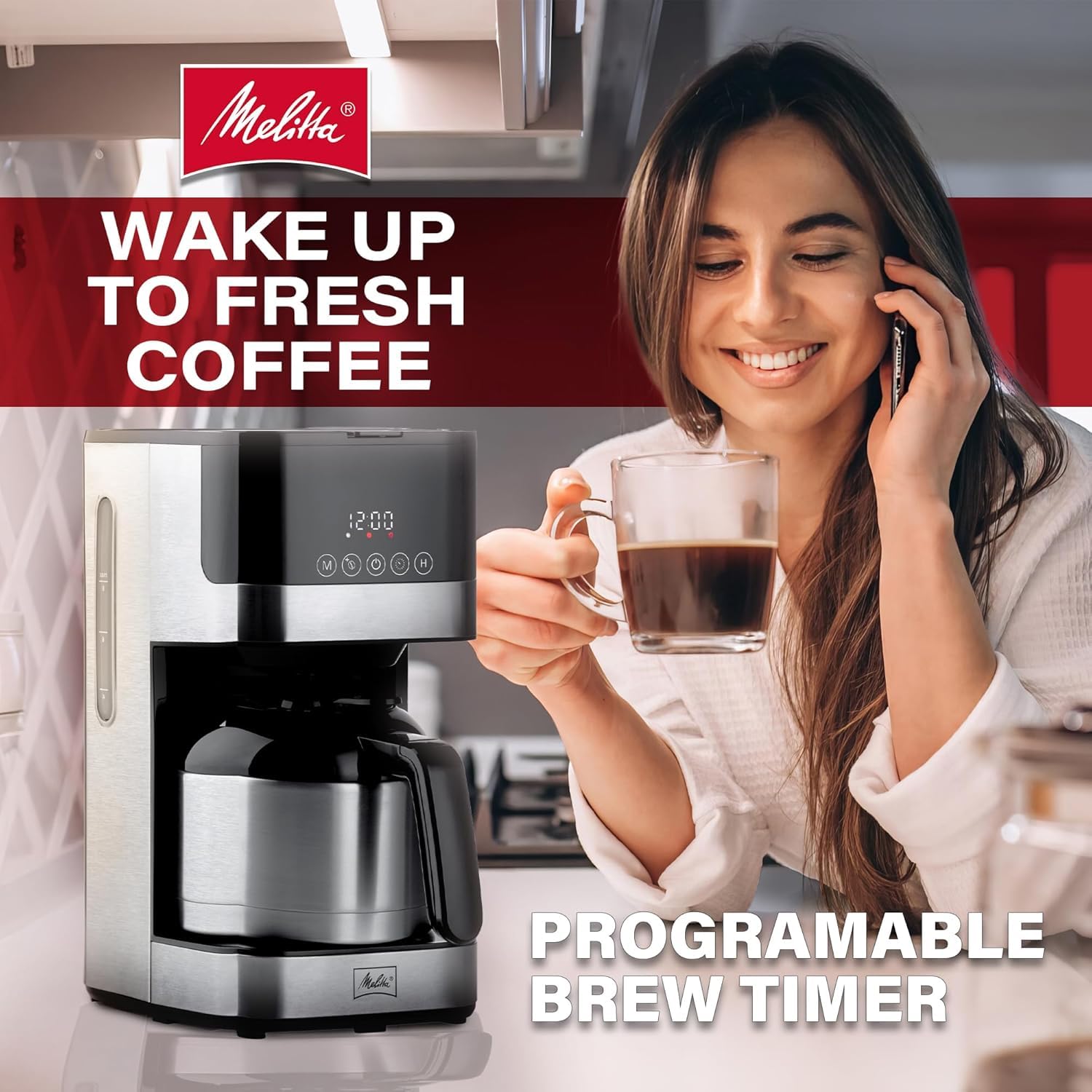 Melitta Aroma Tocco Thermal 8-Cup Drip Coffee Maker, Black | Automatic, Programmable, Auto Shut Off, Touch Control Panel, Stainless Steel Accented, with 5-Packed Coffee Filter