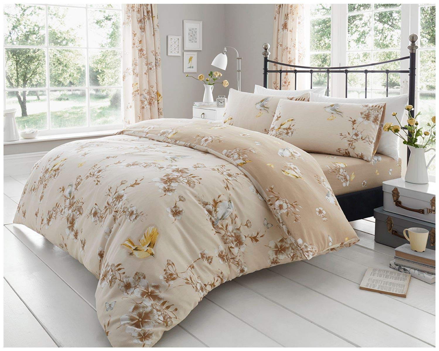 GC GAVENO CAVAILIA Reversible Floral Kingsize Duvet Cover Set, Vintage Botanical Bedding Sets, King Size Quilt Covers, Natural