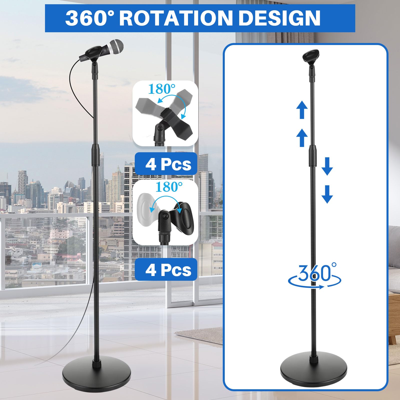 Relaxweex 4 soportes de micrófono de trípode con brazo de brazo de suelo, altura ajustable de 31.5 a 67 pulgadas, soporte de micrófono con base redonda pesada, 4 bolsas de transporte y 8 clips de