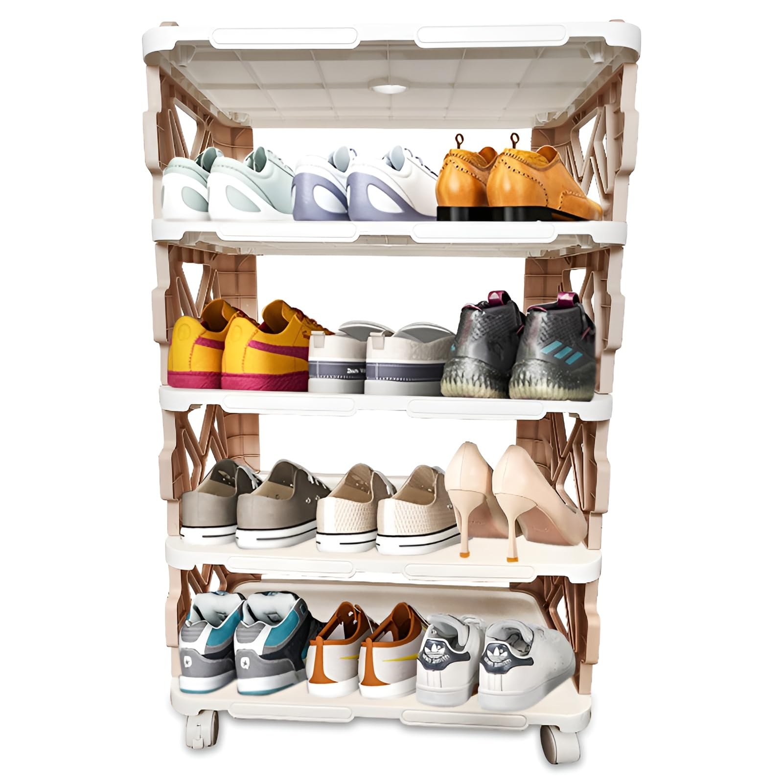 4-Tier Plastic Shoe Rack Cabinet with Wheels Stackable Shoe Organizer Shelf for Entryway Bedroom or Closet Portable Rolling Storage Rack