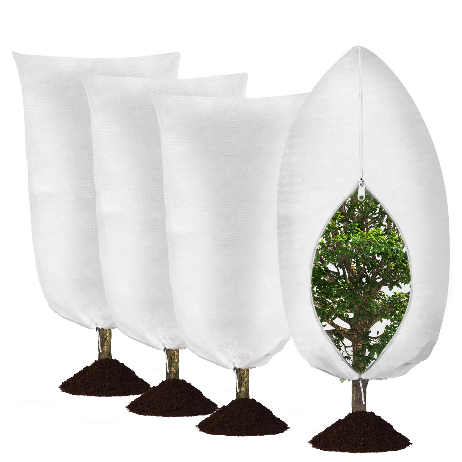 4 pack plant covers freeze protection, 31.5" w x 47.3" h winter frost protection blankets frost cloth plant freeze protection with zipper drawstring for outdoor plants (white)
