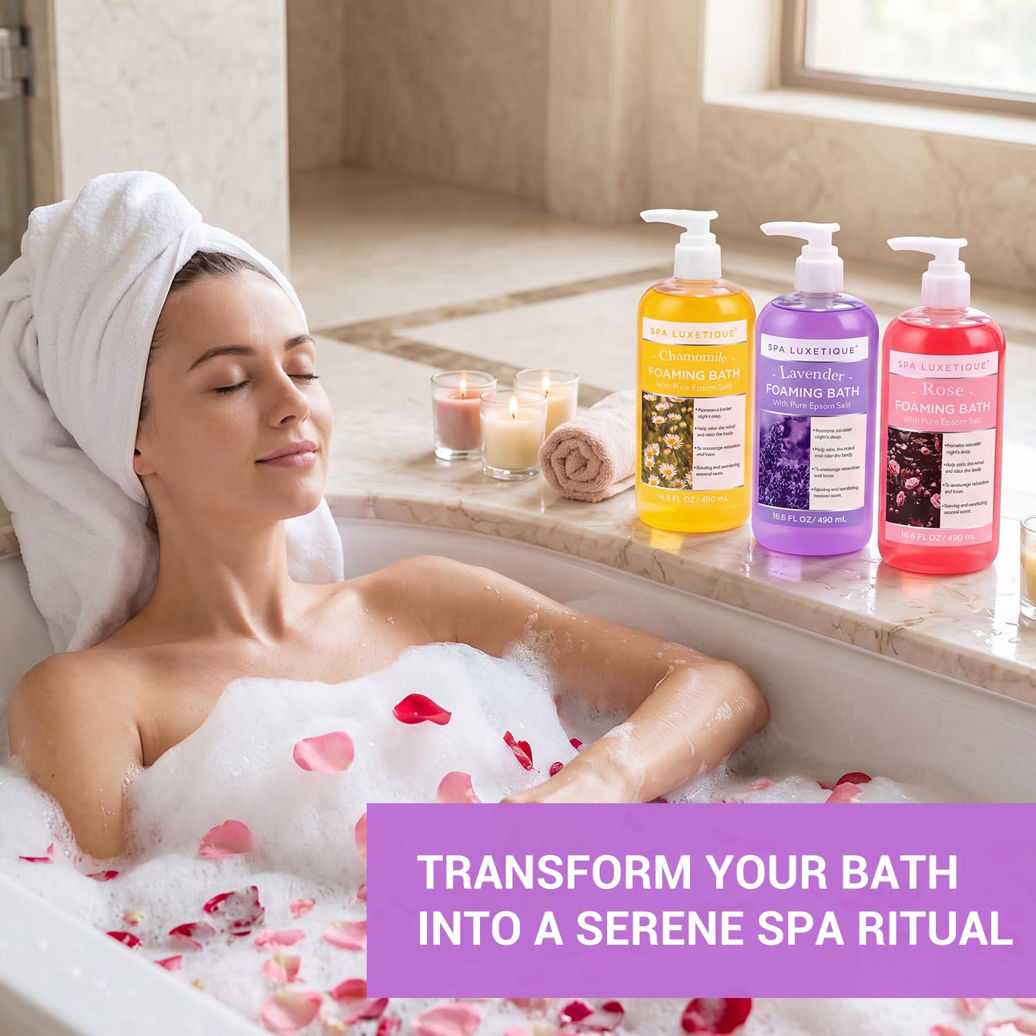 Spa Luxetique Bain Moussant avec Sel d'Epsom pur, Coffret de Bain parfum Camomille Rose et Lavande, Cadeau Fête des Meres, Cadeaux pour Femmes Hommes 3 Pack 49,8 fl oz