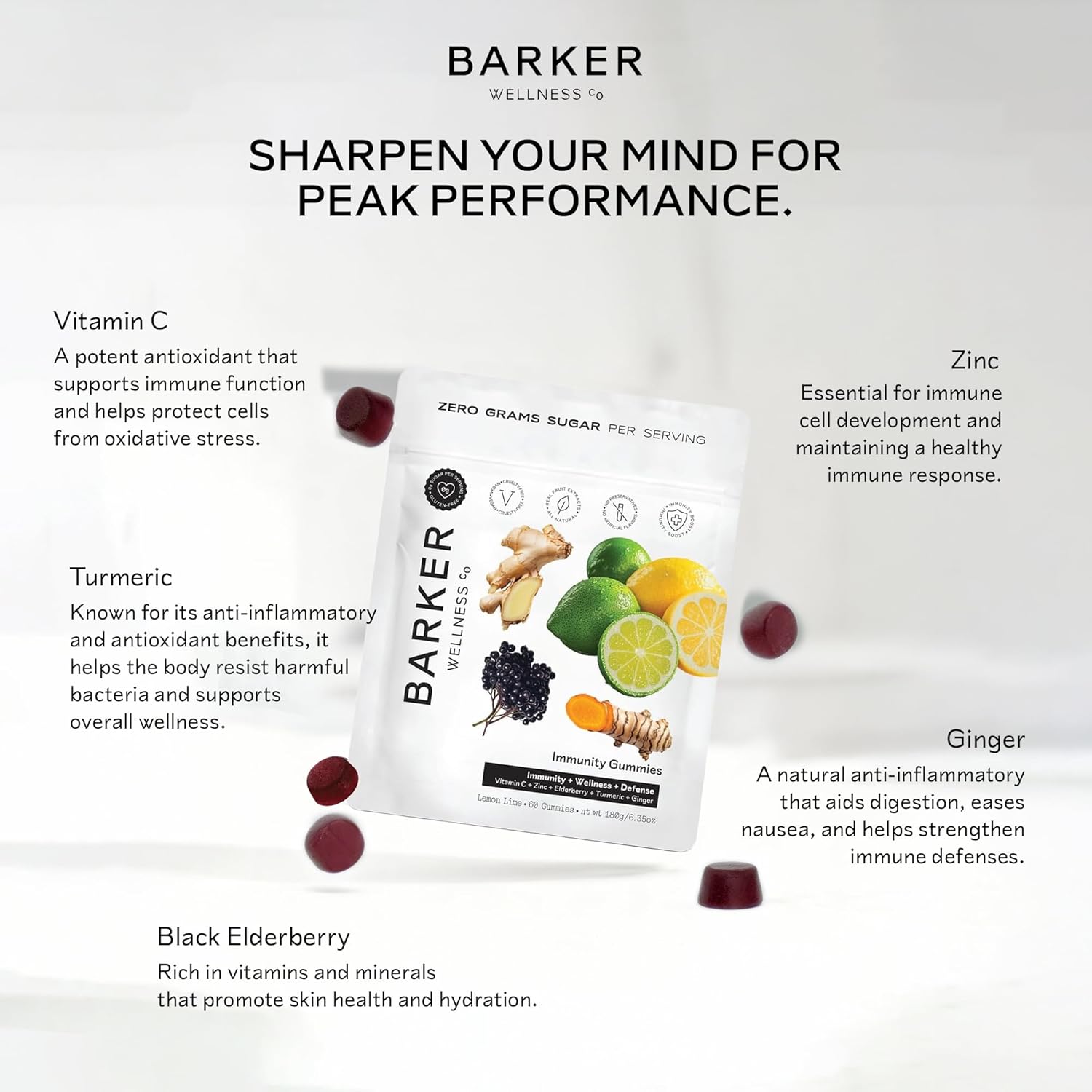 Barker Wellness Immunity Gummies with Vitamin C, Zinc, Elderberry, Turmeric & Ginger for Daily Immune Support | Vegan, Sugar-Free, Lemon-Lime Flavor | Seasonal Wellness Essentials, 60 Count