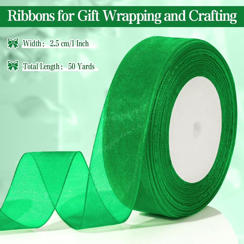 Green Ribbon Thick Easter Ribbons for Crafting 25mm 50 Yards Organza Ribbons Gift Wrapping Chiffon Easter Basket Eid Gifts Flower Bouquet Bow Christmas Tree Candy Cane Wedding Car Cake Decoration - Image 2